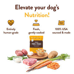 Hopkin's Pork Nβ Potato pouch serving illustrates versatile meals, toppers, or mixers for dogs.