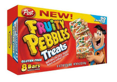 Post Fruity Pebbles Treats box front—sweet, snackable cereal treats for on-the-go indulgences.