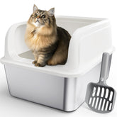 Powools stainless steel litter box, top view, easy cleaning and leak protection.