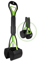 PPOGOO non-breakable pooper scooper with long handle shows upright cleanup benefits.