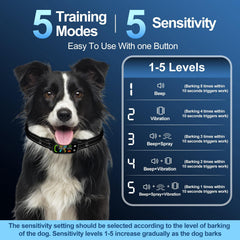 PQJDFX bark collar showing beep, vibration, and spray settings for versatile training.