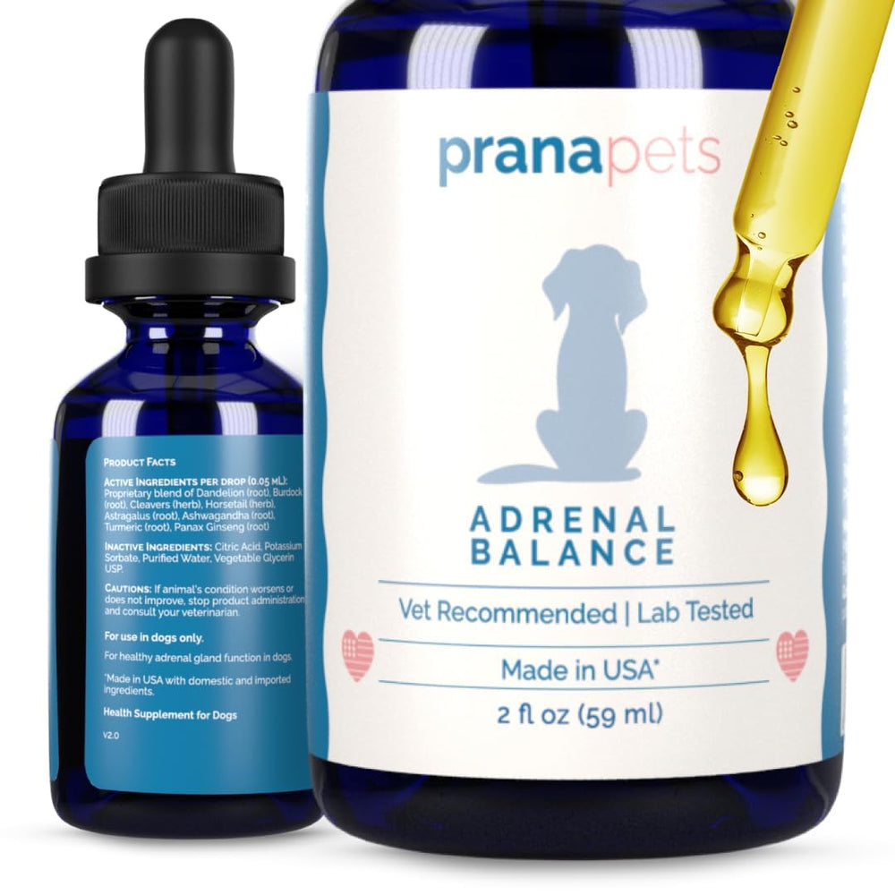 PranaPets Adrenal Balance bottle pour shows simple dosing to support balanced adrenal function
