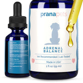 PranaPets Adrenal Balance bottle pour shows simple dosing to support balanced adrenal function