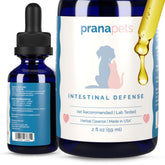 PranaPets Intestinal Defense bottle closeup showing digestive support for pets.