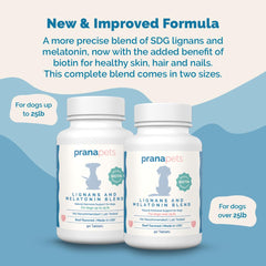 PranaPets lignans-melatonin bottle pour showing precise dosing for pets