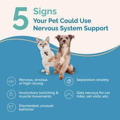 PranaPets Nervous System Support drops for dogs and cats provide gentle nervous system support at home.