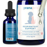 PranaPets Respiratory Support bottle front showing the natural formula for respiratory comfort