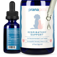 PranaPets Respiratory Support bottle front showing the natural formula for respiratory comfort