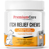Premium Care Itch Relief for Dogs bottle shown with easy-to-dispense chews