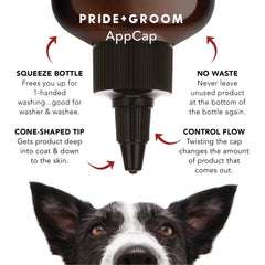 PRIDE AND GROOM AppCap flow-control detail: easy one-handed washing with less waste.