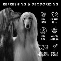 Pride and Groom coat refresh spray after a walk shows subtle deodorizing benefits.