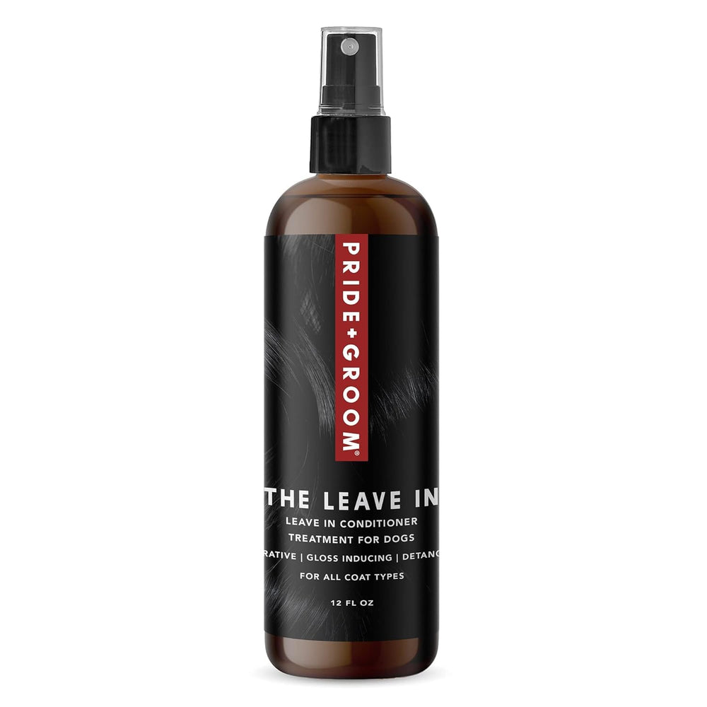 Pride and Groom Leave In bottle close-up shows detangling for all coat types.