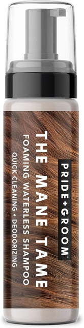 PRIDE AND GROOM Mane Tame bottle shows waterless cleanse for odor control.