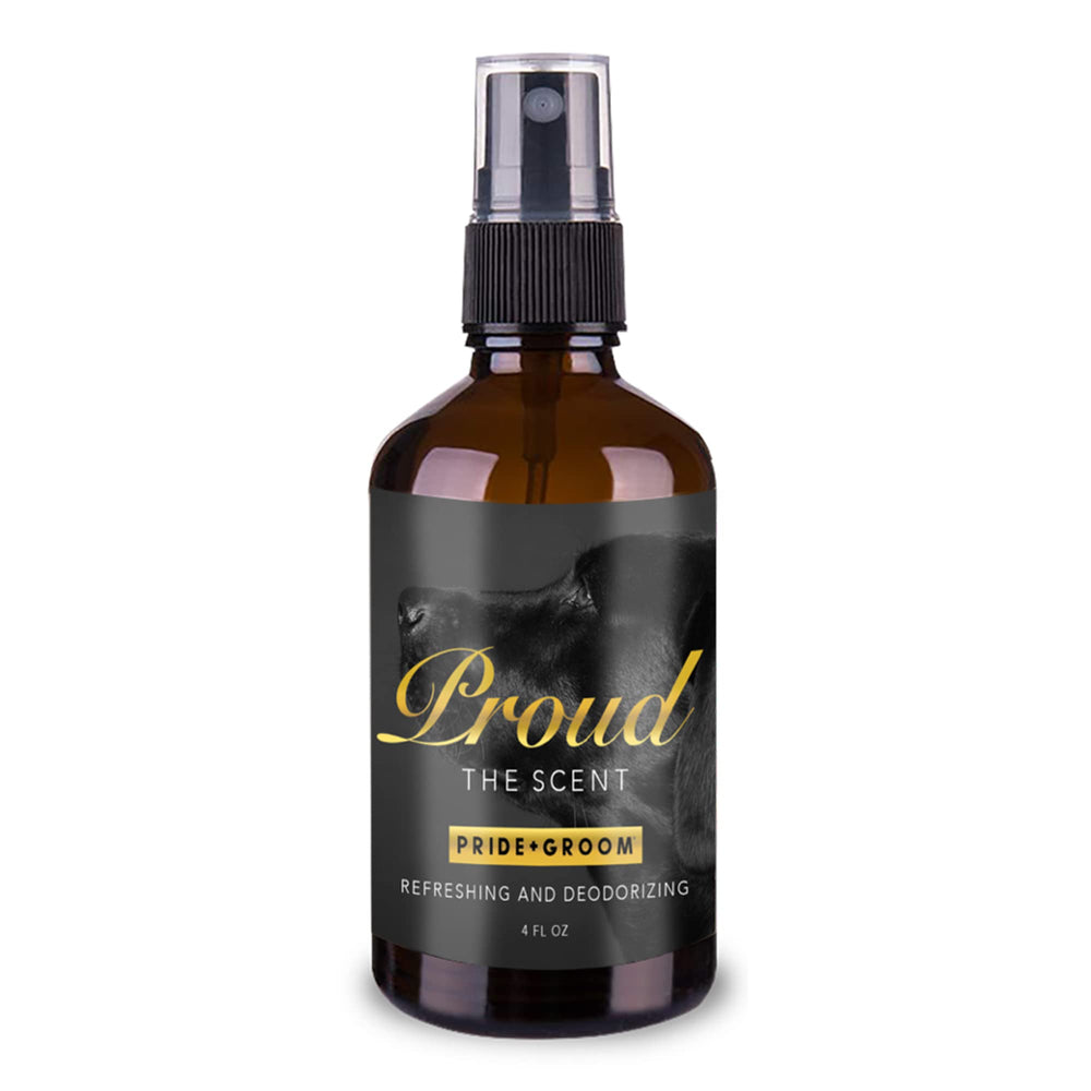 Pride and Groom Proud spray bottle delivering a luxurious coat-refresh mist for dogs.