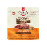 Primal freeze-dried beef nuggets packshot showing grain-free nutrition for dogs.