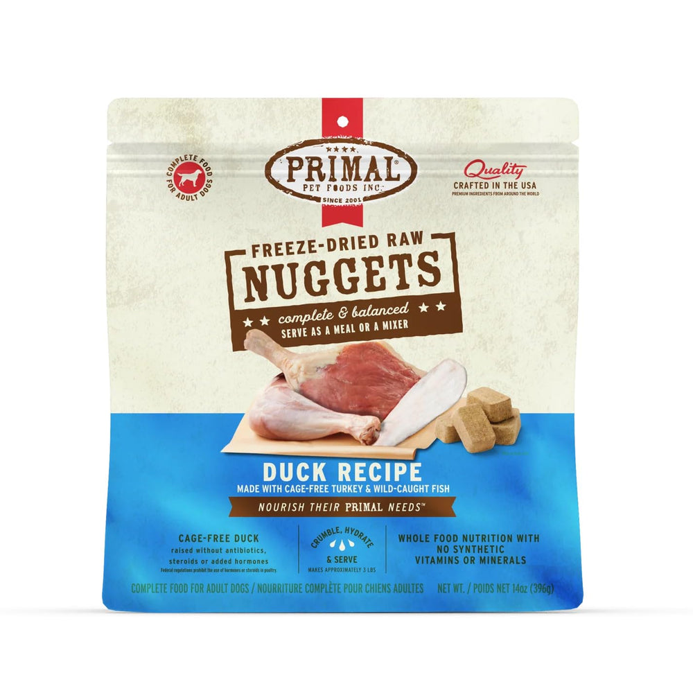 Primal Freeze Dried Duck Nuggets packaging shows premium protein for dogs