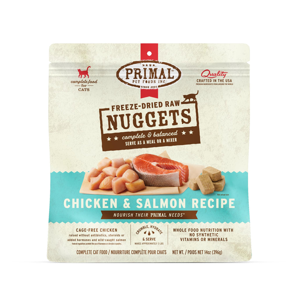 Primal Freeze Dried Raw Cat Nuggets packaging shows premium ingredients.