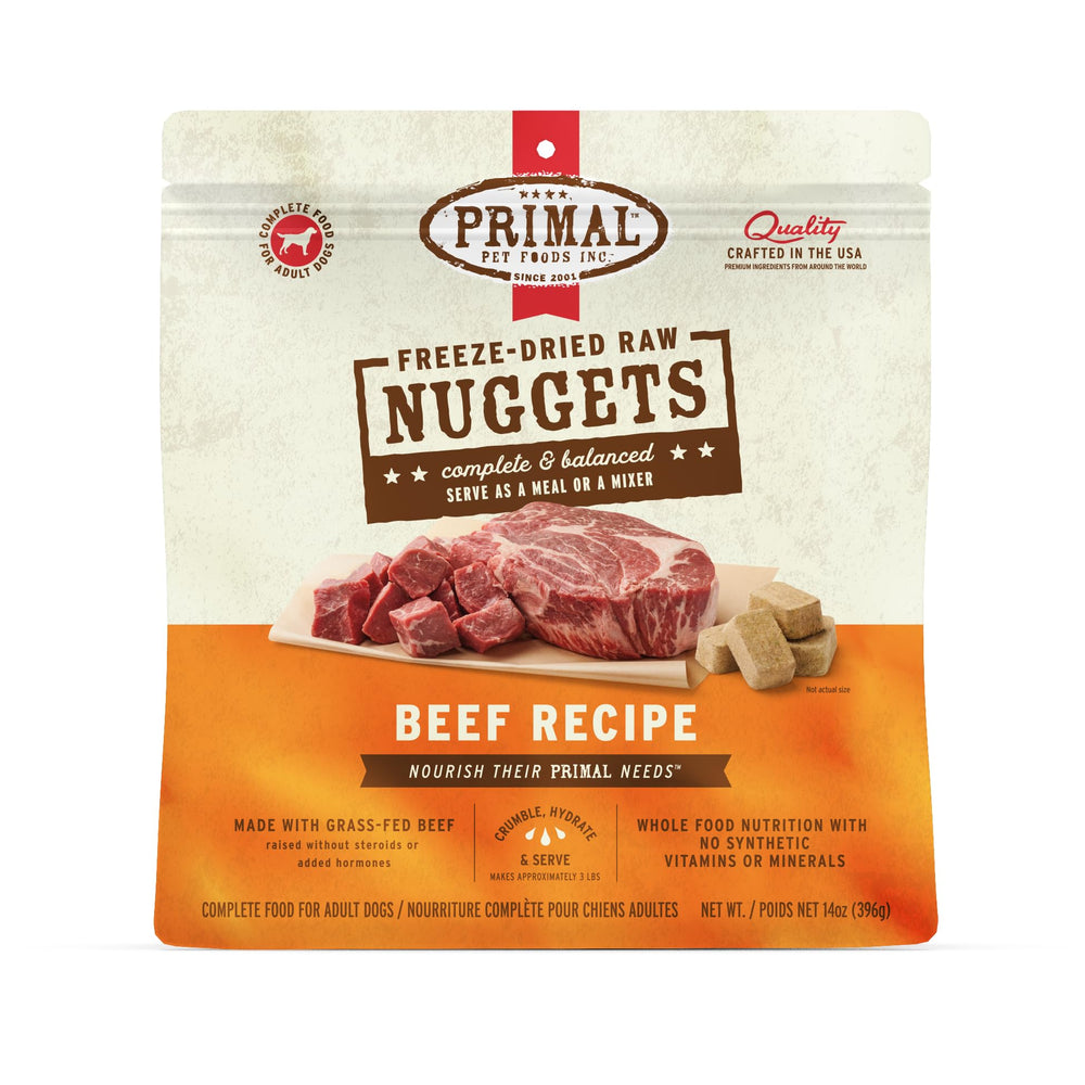 Primal Freeze Dried Nuggets beef bag close-up highlights premium ingredients and grain-free nutrition.