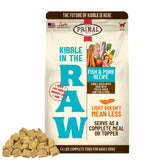 Primal Kibble in the Raw bag close-up highlighting freeze-dried nutrition for dogs.