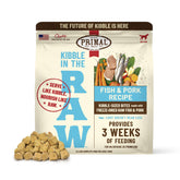 Primal Kibble in The Raw bag front shows premium raw nutrition for dogs.