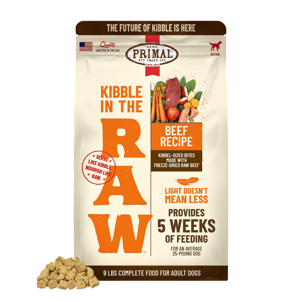 Primal Kibble in The Raw bag shows convenient raw nutrition for dogs.