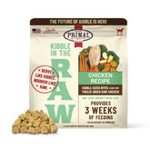 Primal Kibble in the Raw freeze-dried chicken bag showing protein-rich meal highlights.