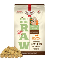 Primal Kibble in The Raw bag showing freeze-dried chicken for lean muscle support.