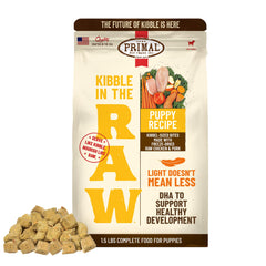 Primal Kibble in the Raw puppy recipe bag ready-to-serve nutrition for growing dogs.