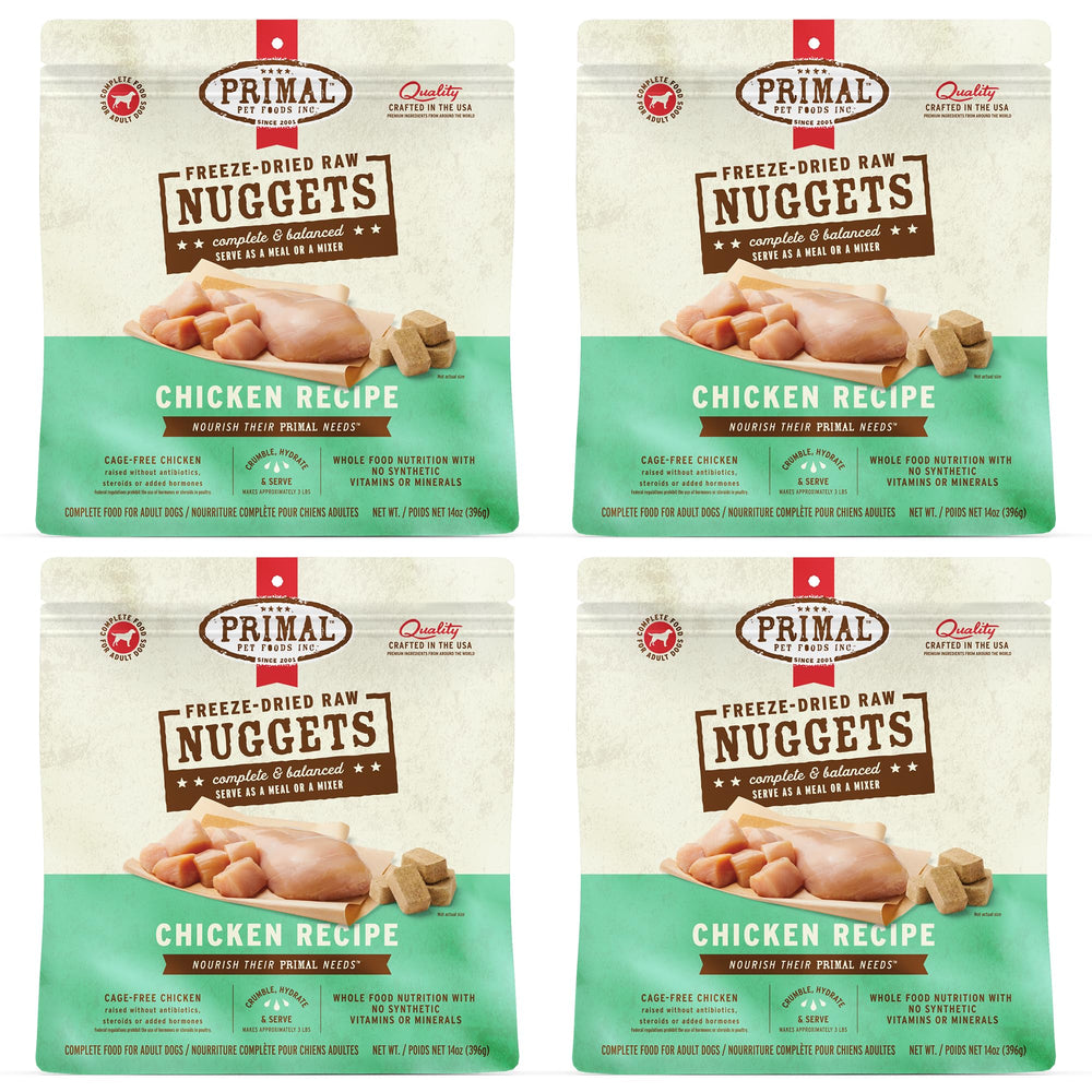 Primal Pet Foods freeze-dried chicken dog nuggets in bag for convenient feeding