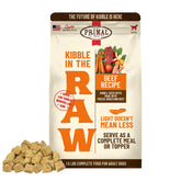 Primal Kibble in The Raw beef bag front shows ready-to-serve nutrition for dogs