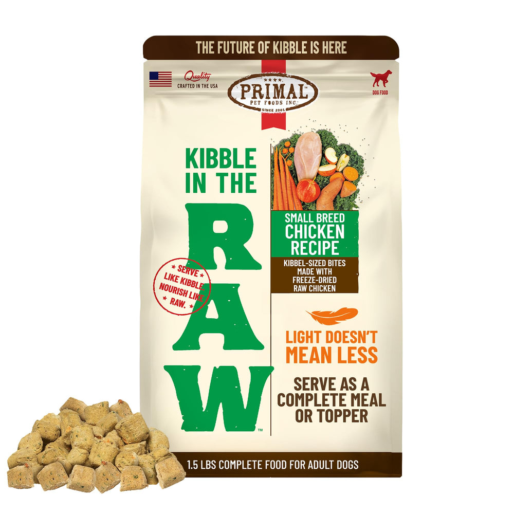 Primal Pet Foods Kibble in the Raw small-breed bag shows convenient freeze-dried protein for easy feeding.