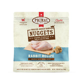 Primal Pet Foods rabbit nuggets packaging highlights premium ingredients for balanced cat nutrition.