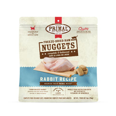 Primal Pet Foods rabbit nuggets packaging highlights premium ingredients for balanced cat nutrition.