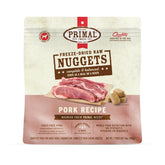 Primal Freeze Dried Raw Pork Nuggets in bowl, complete and balanced nutrition for adult dogs.