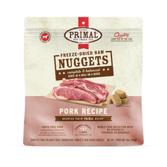 Primal Freeze Dried Raw Pork Nuggets in bowl, complete and balanced nutrition for adult dogs.