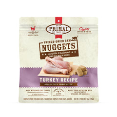 Primal Pet Foods turkey nuggets pack shot highlighting grain-free, high-protein cat nutrition.