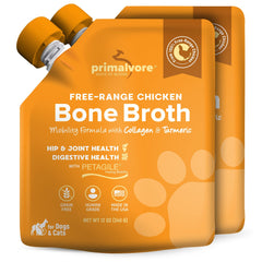 Primalvore chicken bone broth bottle supports mobility for dogs and cats.