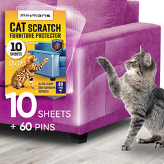 Primens heavy-duty scratch protector sheet on sofa armrest shields fabric from cat claws.