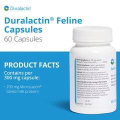 PRN Pharmacal Duralactin Feline capsules closeup highlighting Microlactin ingredients for joint comfort.