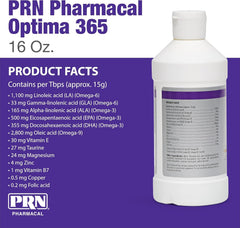 PRN OPTIMA 365 label ingredients show omega blend and minerals.