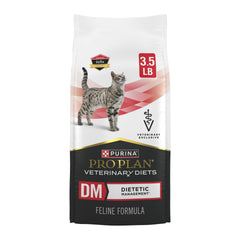 Pro Plan Veterinary Diets DM feline dry food bag front, high-protein formula for lean body condition.