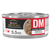 Purina Pro Plan Veterinary Diets DM Savory Selects wet cat food can front; supports lean body mass.