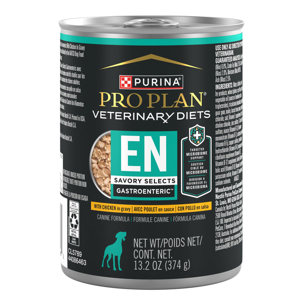 Pro Plan Veterinary Diets Savory Selects Gastroenteric chicken in gravy can 13.3 oz, supports easy digestion.