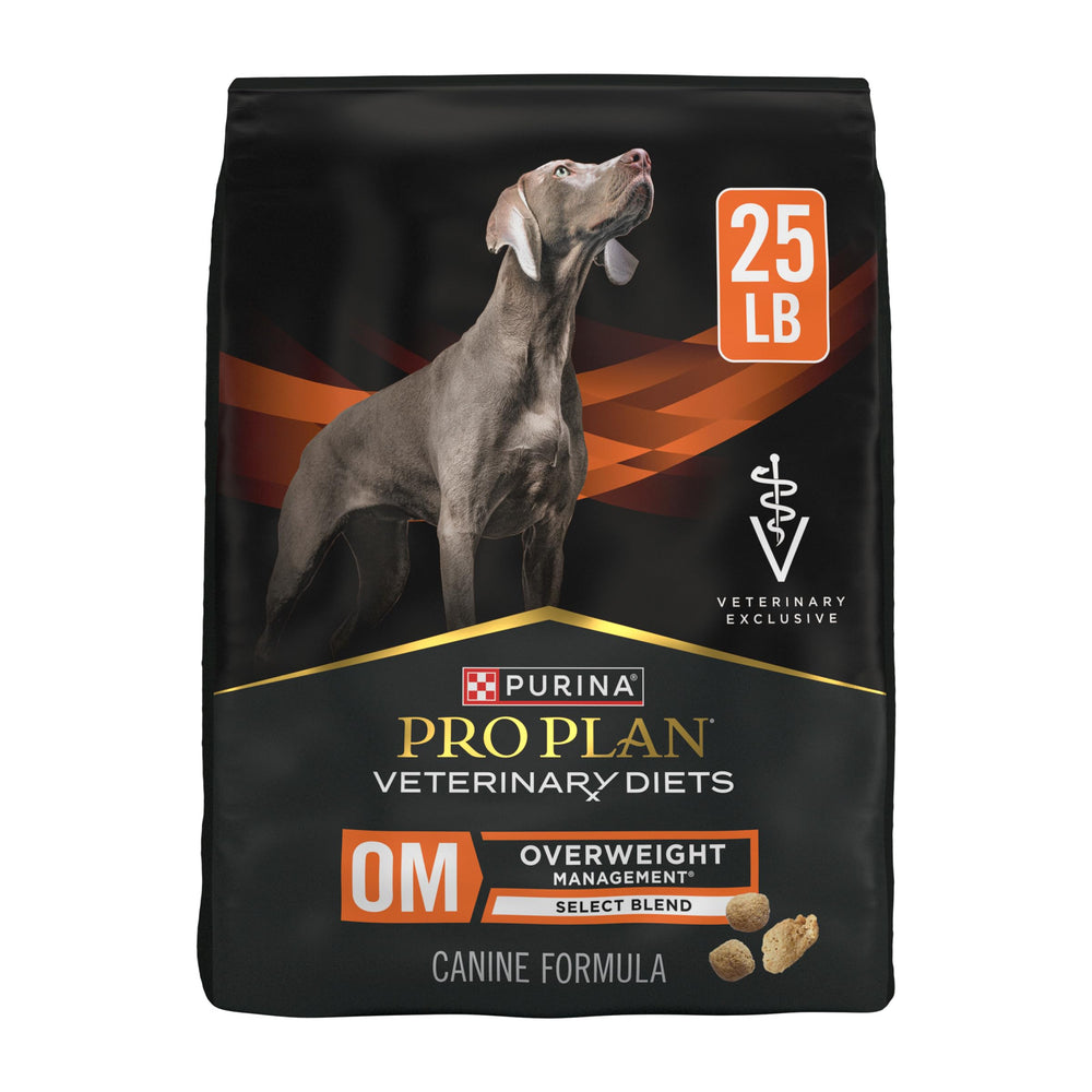 Purina Pro Plan Veterinary Diets OM Select Blend dry dog kibble bag for weight management.