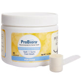Probiora for Dogs tub and label closeup highlighting probiotic dental care.