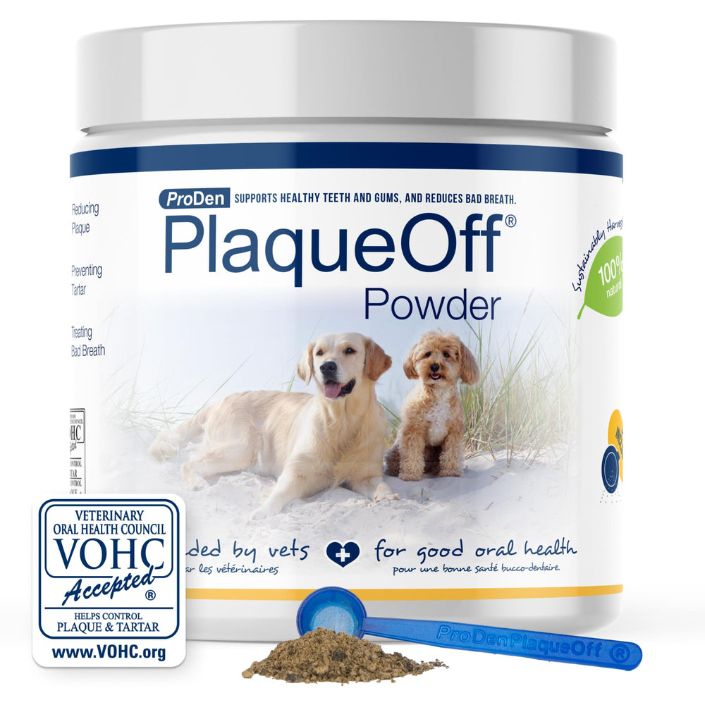 ProDen PlaqueOff powder bottle promotes pet dental care.