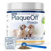 ProDen PlaqueOff powder tub label highlights natural dental care for pets.