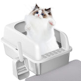 Prodigen stainless steel litter box with lid, front view, smooth surface for quick cleaning