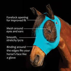 Professional's Choice Pacific Blue mask with snug binding around the horse's face for secure, comfortable wear