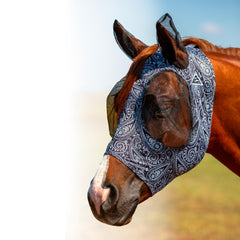 Professional's Choice Comfort-Fit Fly Mask in Paisley-Black provides secure fit and clear vision for riding.